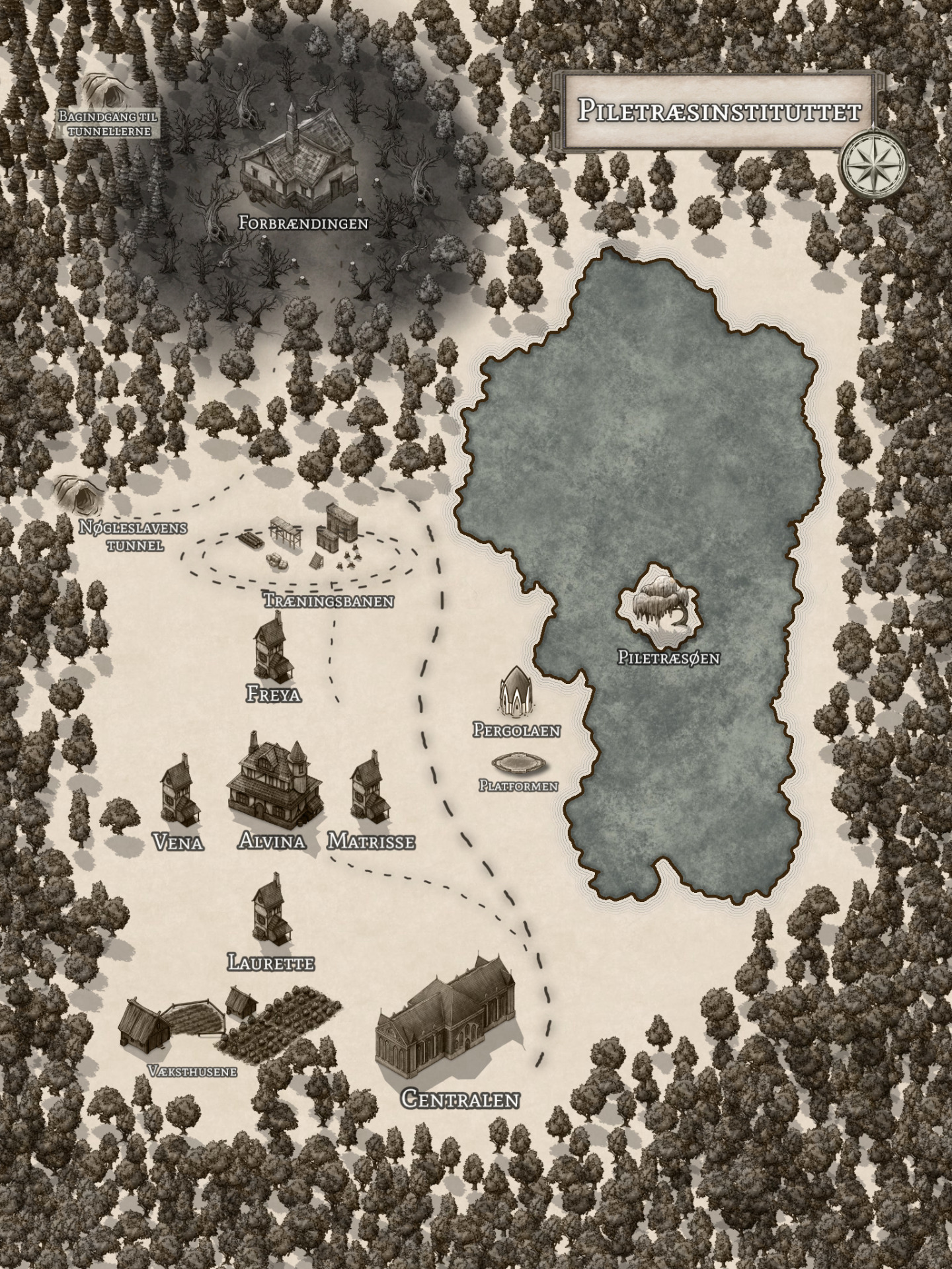 Oversigtskort over Piletræsinstituttets område. (kort lavet i inkarnate.com)